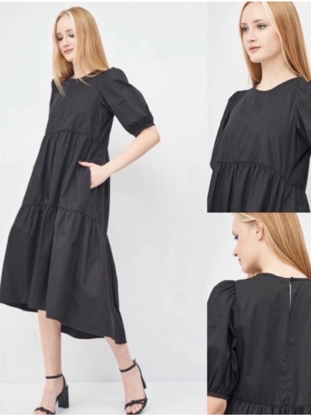 Zara Black Tiered Midi Dress - Classic Puff Sleeve Style sz XS